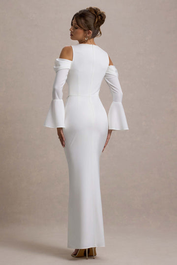 Heartthrob Ivory Satin Draped Bardot Maxi Dress